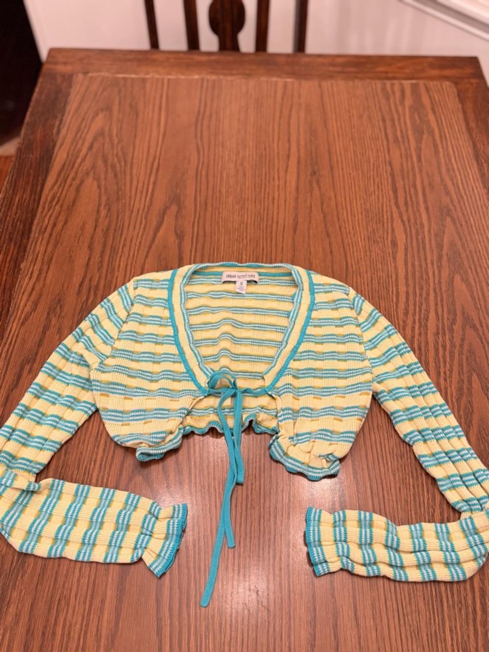 Urban Outfitters Yellow & Teal Striped Cropped Knit cardigan with tie detail